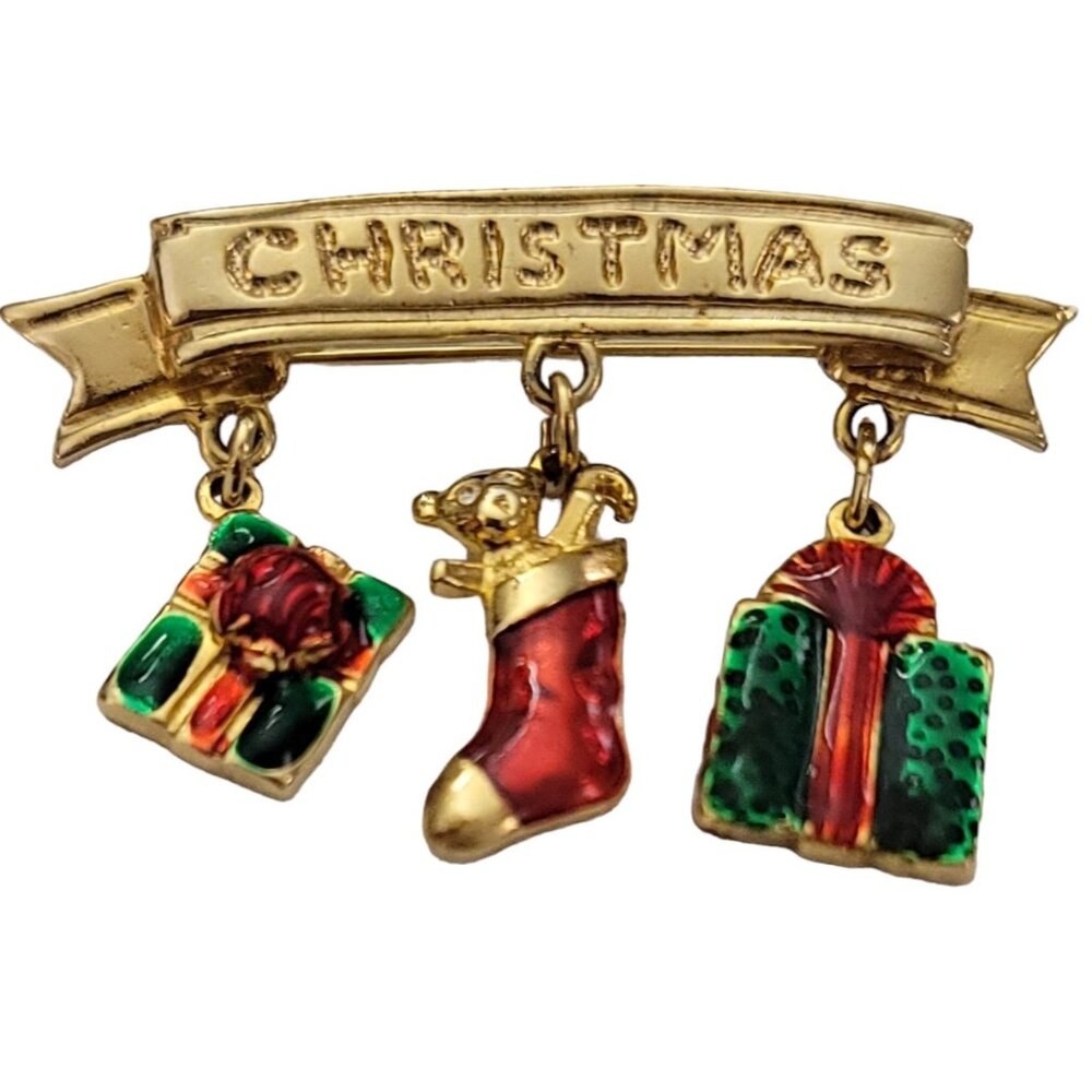 LIA Gold Tone Christmas Stocking, Present Charm Dangle Bar Brooch, Signed K587